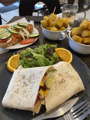 Smoked tofu wrap, polenta & bruschetta.  at Tavila Cafe in Tavira