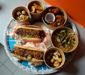 Delivery: Hot Dogs, Okra skewers, Cauliflower Wings, Alloco, Diabolitos at L'Embuscade in Paris