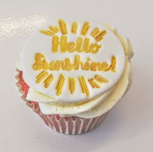 Hello sunshine! hand painted cupcake topper. at Alice in Cakeland in Rotterdam