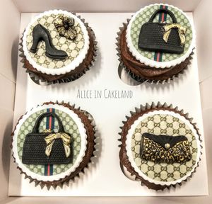 High fashion cupcake set - edible print fabric patterns and hand made decorations. at Alice in Cakeland in Rotterdam