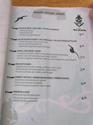 Appetisers with selections available to vegans (including removal of cheese from. Bruchettas) - price in USD #Veganuary at Fonda Al Pirata in Havana