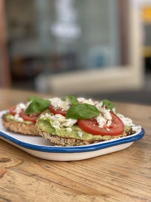 Avo, tomato, basil and vegan feta on a mixed seed bagel  at Bricklane Bagels in South Melbourne
