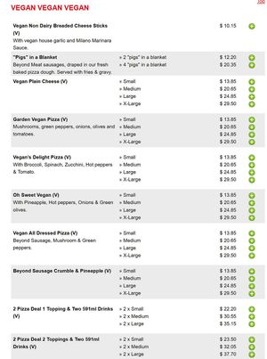 vegan menu 01 at Milano Pizza in Ottawa