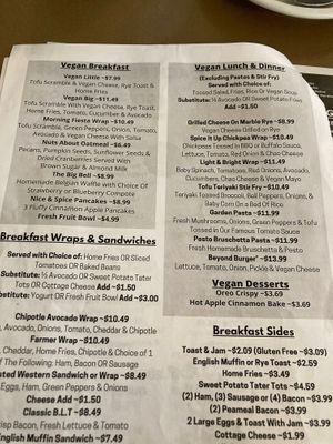 Menu options  at Queens Coach in Niagara Falls