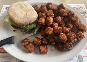 The Breaky Burger and sweet potato tater tots  at Queens Coach in Niagara Falls
