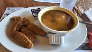 Chick'n tenders with side of Vegan soup with rice at Queens Coach in Niagara Falls