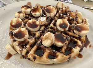 Vegan funky monkey waffles  at Queens Coach in Niagara Falls