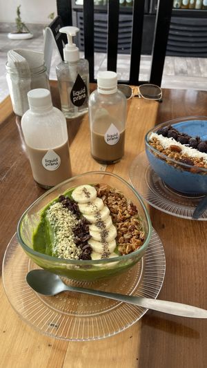 matcha bowl, blueberry bowl, mocha drink and almond choco drink  at Liquid Prana in Playa Del Carmen