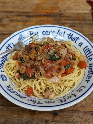 Spaghetti with basil and mushroom 🍄 at Benny's Vegan in Battambang