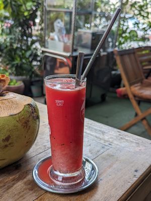 Watermelon smoothie at Benny's Vegan in Battambang