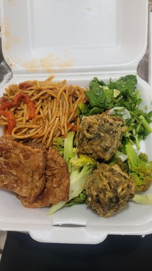 Soy fillets, vegetable balls and noodles in tomato sauce at El Jardin Vegetariano in Panama City