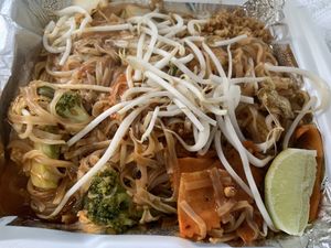 Fabulous Pad Thai! Travels well as carry out.   at Happy Thai in Bloomington