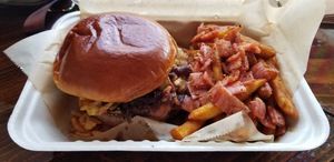 Shroom Burger with upgraded Maple Bac'n Fries (ask to separate the syrupy fries) at Chicana Vegana in Fullerton