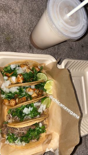 vegan grilled shrimp and carnitas tacos at Chicana Vegana in Fullerton