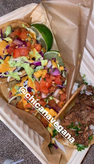 baja fish tacos and carnitas  at Chicana Vegana in Fullerton