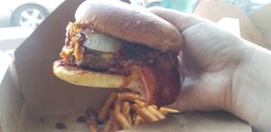 Messy Wild West Burger... mmm BBQ sauce, Bac'n... at Chicana Vegana in Fullerton