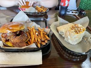 Wild west burger and the California burrito with shrimp! at Chicana Vegana in Fullerton