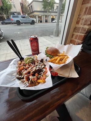 Asada fries and classic burger  at Chicana Vegana in Fullerton