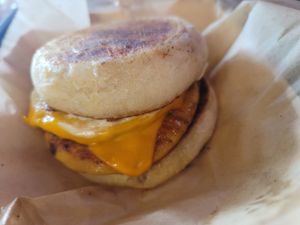The muffin breakfast sandwich served all day at Chicana Vegana in Fullerton