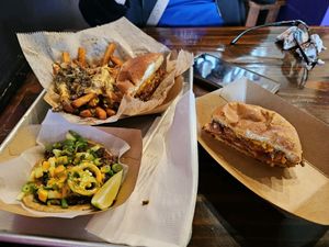 The wild West burger and chili cheese fries. Mexigogo taco. at Chicana Vegana in Fullerton