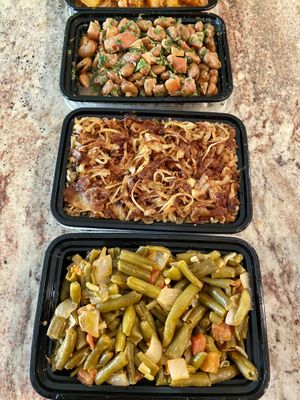 Fava bean stew, Bulgur and lentils with caramelized onions (delicious), green beans tomatoes at Vegan Stops in Garden Grove