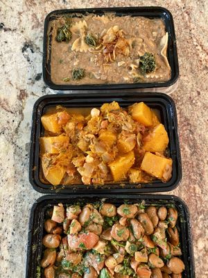 Lentils and pasta, pumpkin stew, and fava beans stew at Vegan Stops in Garden Grove