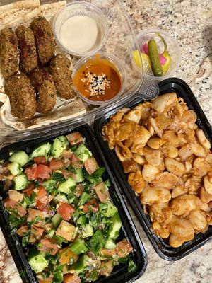 Cucumber salad, broad beans stew, and falafels  at Vegan Stops in Garden Grove