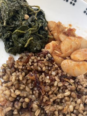 Butter beans, spinach/cilantro, carmelized onion lentil bulgur wheat  at Vegan Stops in Garden Grove