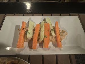 Chickpea puree with veggie sticks  at Il Pellicano Cucina Italiana in Caye Caulker