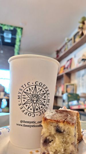 Mysticcino (10 mushrooms) with a Blueberry Almond Vegan Gluten-Free cake at Mystic Coffee in Hollywood