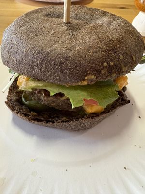 Vegan impossible burger with gluten free bun  at Mystic Coffee in Hollywood