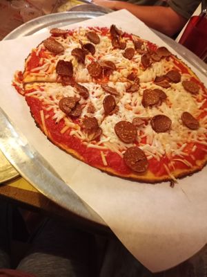 vegan cheese and pepperoni pizza on a gluten free crust at Fat Daddy's Pizzeria in Provo