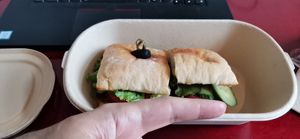This is the Tempeh Ciabatta I received.
Tiny sandwich length of my finger for 78 rmb. Very little salad. at Green Friday in Shanghai