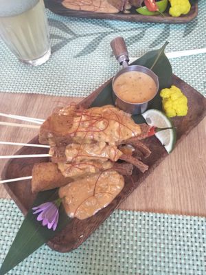 Polenta skewers with satay. at Green Friday in Shanghai