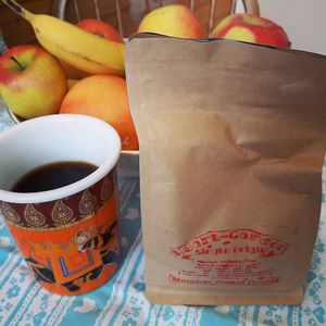 Enjoying the really tasty and unique Heart-Garden coffee at home! Single origin from India. at Heart-Garden Waffles & Coffee in Amsterdam