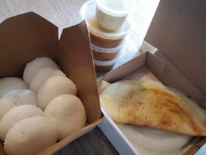 Idli, Masala dosa, with sambar and coconut chutney. at Samprita in Oud Heverlee