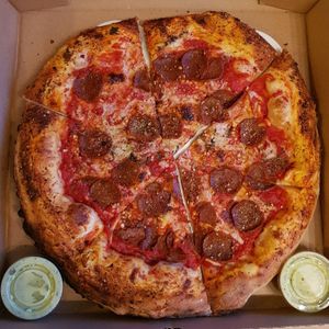Classic vegan pepperoni with vegan secret sauce at The Hall's Pizza Kitchen in Oklahoma City