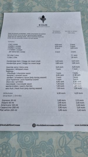 Part of menu at IceLab NiceCream Creations in Antwerpen