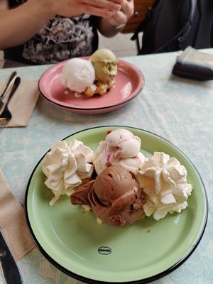 Chocolate, cheesecake and whipped cream with a waffle at IceLab NiceCream Creations in Antwerpen