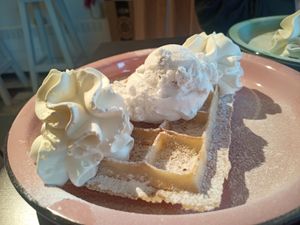 Waffle with vanille ice cream en whipped cream. at IceLab NiceCream Creations in Antwerpen