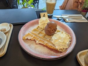 Other kind of waffle with chocolate ice cream and whipped cream at IceLab NiceCream Creations in Antwerpen