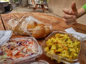 Challah, coleslaw, and tofu salad at Root 66 Cafe in Santa Fe
