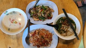 Tom Kha, Pad Thai, noodle and duck soup, fried noodles with basil and chilies at VeggieJ - อาหารเจสะพานหัน in Bangkok