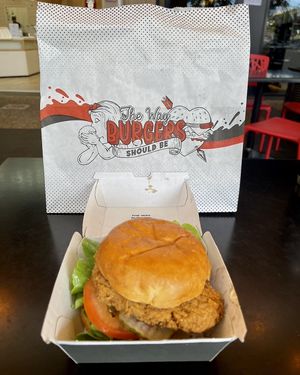 Zero clucks burger made vegan change the sauces to vegan and extra pickles and add tomato   at Burger Urge in Bundaberg