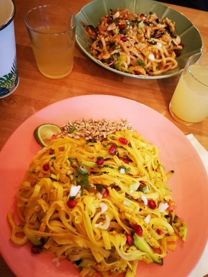 Mana rice noodles and udon paniolo, both vegan at KOA Bistro & Bar in Ljubljana