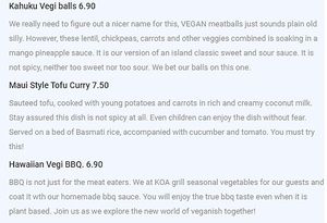 vegan menu at KOA Bistro & Bar in Ljubljana