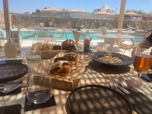 Vegan burger, bao bun and carbonara. at Koukoumi Hotel in Mykonos