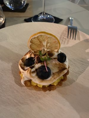 Dinner dessert lemon tart at Koukoumi Hotel in Mykonos