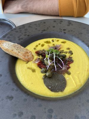 Dinner starter fava at Koukoumi Hotel in Mykonos