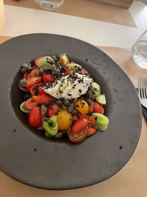 Greek salad with a twist at Koukoumi Hotel in Mykonos